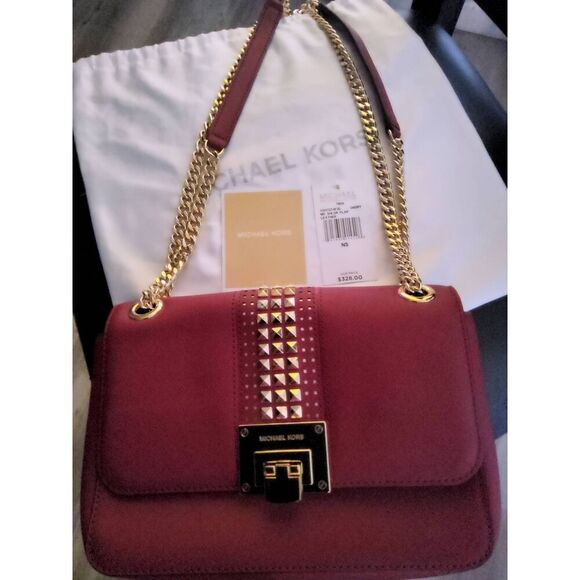 NWT~MICHAEL KORS TINA Red Small Leather Gold Studded Shoulder Bag Purse~$328 - Picture 5 of 12